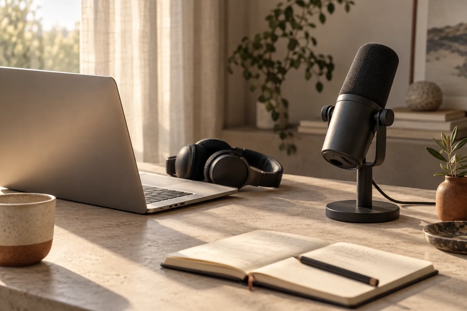 Microfone, notebook e caderno em um espaço tranquilo de gravação